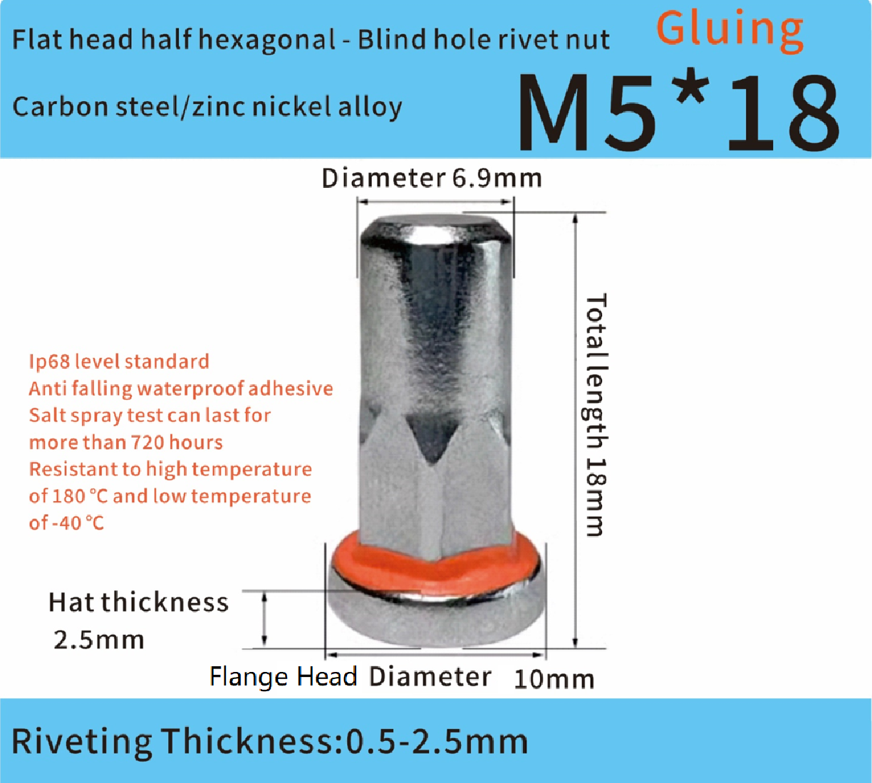 Adhesive-Sealed Flat Head Half-Hex Blind Rivet Nut M5 x 18 – Automotive Grade Adhesive-Sealed Flat Head Half-Hex Blind Rivet Nut M5 x 18 – Automotive Grade