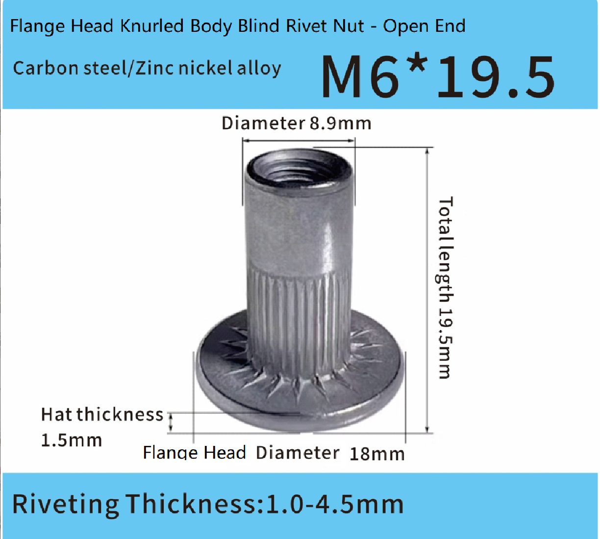 Large Brim Automotive Rivet Nut M6*19.5mm, Automotive Specific Large Brim Automotive Rivet Nut M6*19.5mm, Automotive Specific
