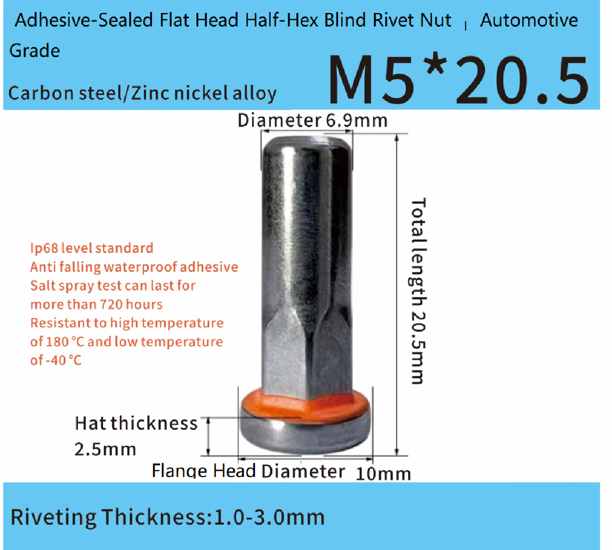 Adhesive-Sealed Flat Head Half-Hex Blind Rivet Nut M5 x 20.5 – Automotive Grade Adhesive-Sealed Flat Head Half-Hex Blind Rivet Nut M5 x 20.5 – Automotive Grade