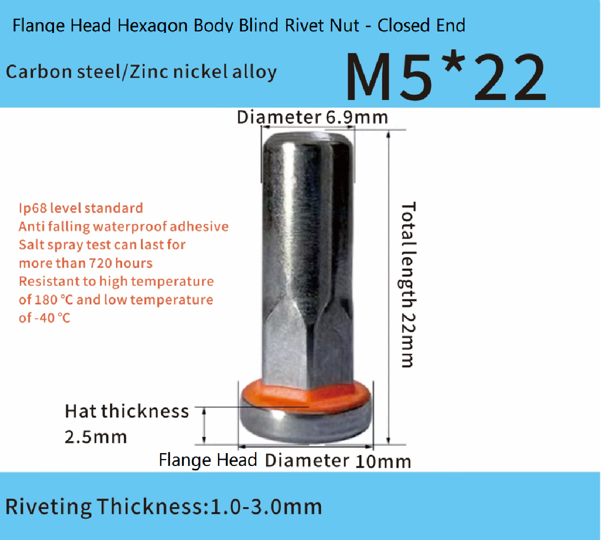 Adhesive-Sealed Flat Head Part-Hex Blind Rivet Nut – Automotive Grade M5 x 22mm Adhesive-Sealed Flat Head Part-Hex Blind Rivet Nut – Automotive Grade M5 x 22mm