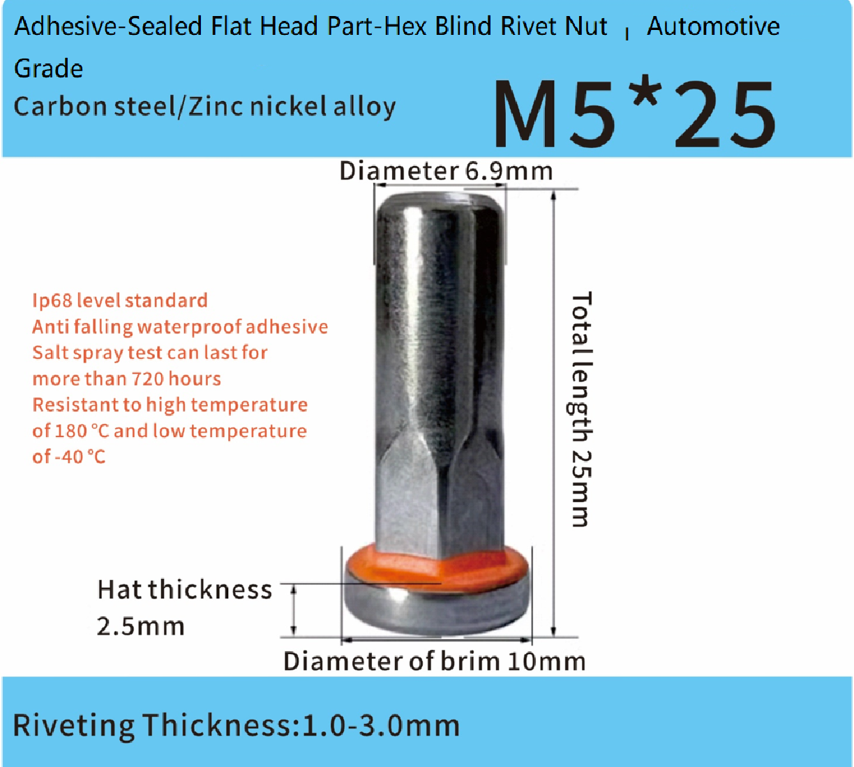 Adhesive-Sealed Flat Head Half-Hex Blind Rivet Nut – Automotive Grade Adhesive-Sealed Flat Head Half-Hex Blind Rivet Nut – Automotive Grade