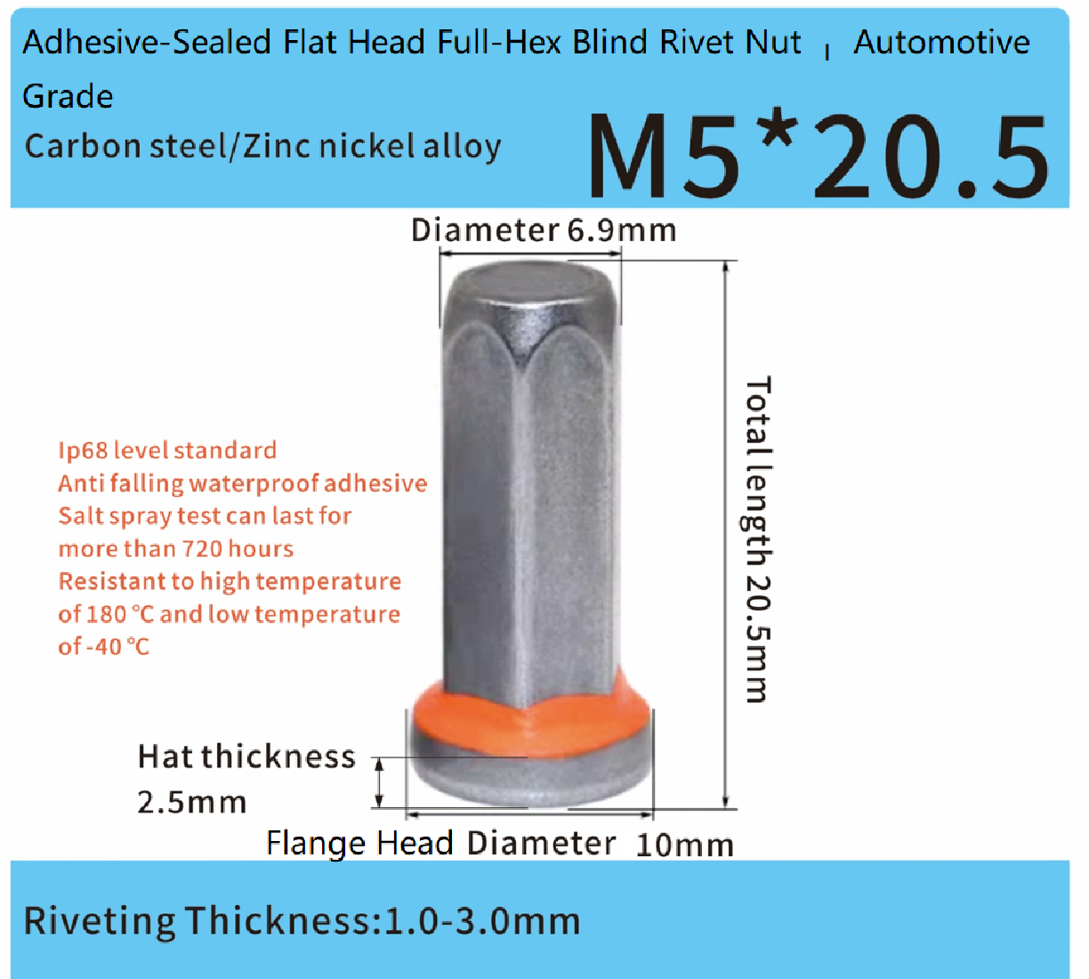 Adhesive-Sealed Flat Head Full-Hex Blind Rivet Nut M5 x 20.5mm – Automotive Grade Adhesive-Sealed Flat Head Full-Hex Blind Rivet Nut M5 x 20.5mm – Automotive Grade