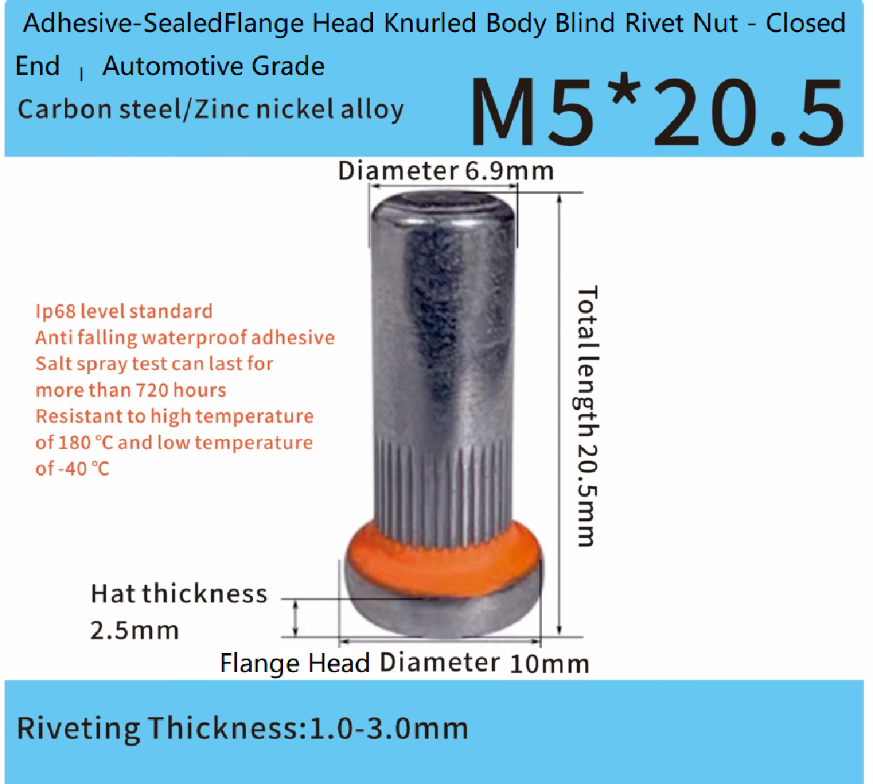 Adhesive-SealedFlange Head Knurled Body Blind Rivet Nut M5 x 20.5mm - Closed End – Automotive Grade Adhesive-SealedFlange Head Knurled Body Blind Rivet Nut M5 x 20.5mm - Closed End – Automotive Grade
