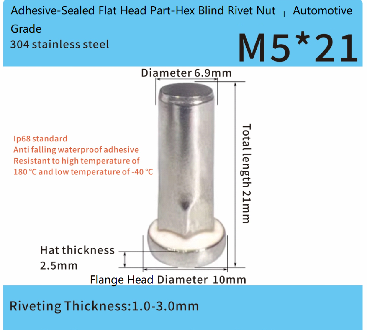 Stainless Steel Adhesive-Sealed Flat Head Part-Hex Blind Rivet Nut – Automotive Grade Stainless Steel Adhesive-Sealed Flat Head Part-Hex Blind Rivet Nut – Automotive Grade