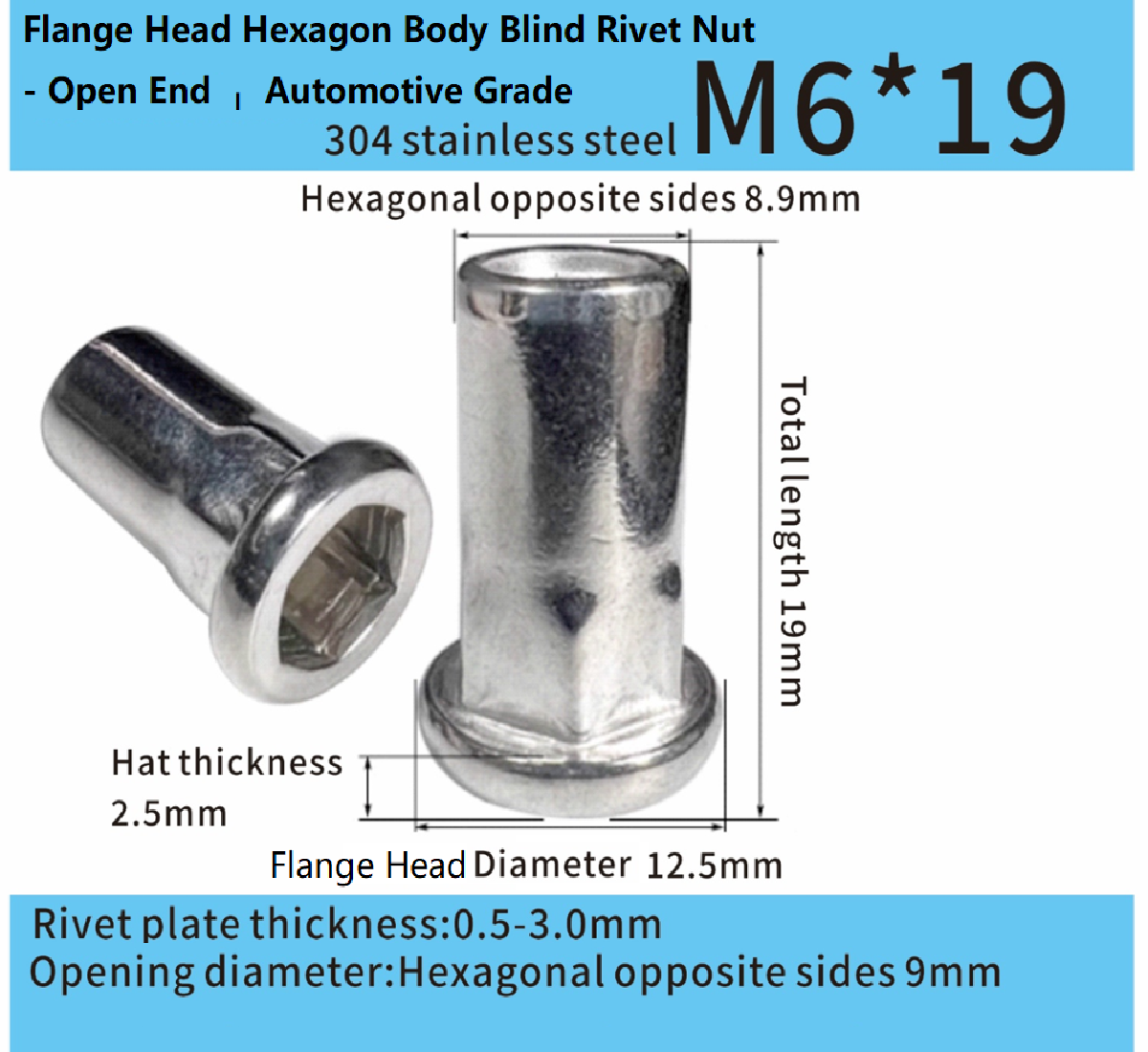 Stainless Steel M6x 19 Open-End Flat Head Part-Hex Rivet Nut – Automotive Grade Stainless Steel M6x 19 Open-End Flat Head Part-Hex Rivet Nut – Automotive Grade