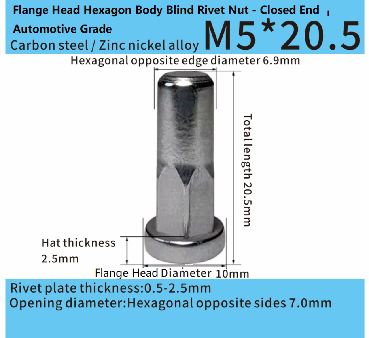Steel Flange Head Hexagon Body Blind Rivet Nut - Closed End – Automotive Grade Steel Flange Head Hexagon Body Blind Rivet Nut - Closed End – Automotive Grade