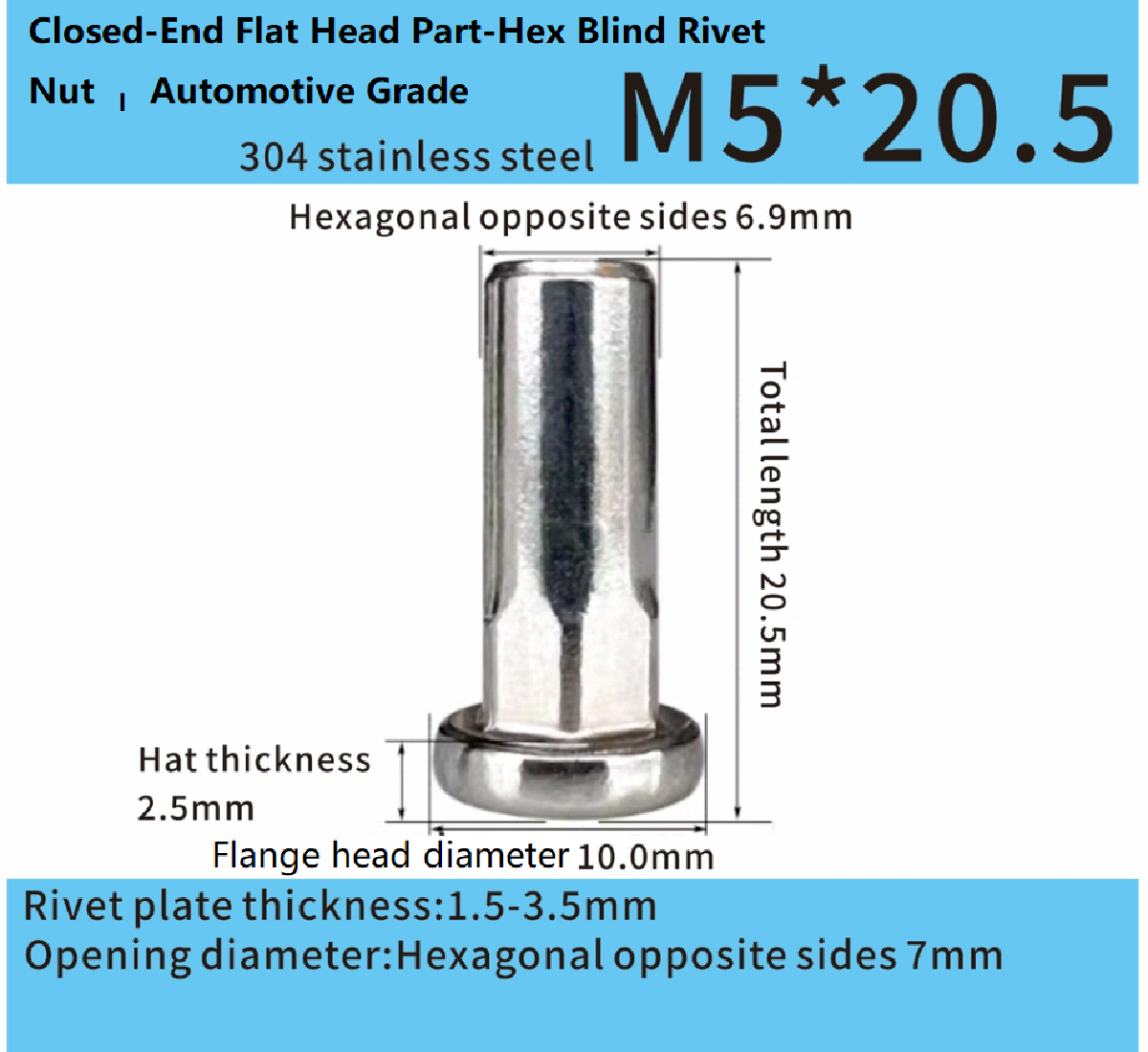 Stainless Steel M5x20.5mm Closed-End Flat Head Part-Hex Blind Rivet Nut – Automotive Grade Stainless Steel M5x20.5mm Closed-End Flat Head Part-Hex Blind Rivet Nut – Automotive Grade