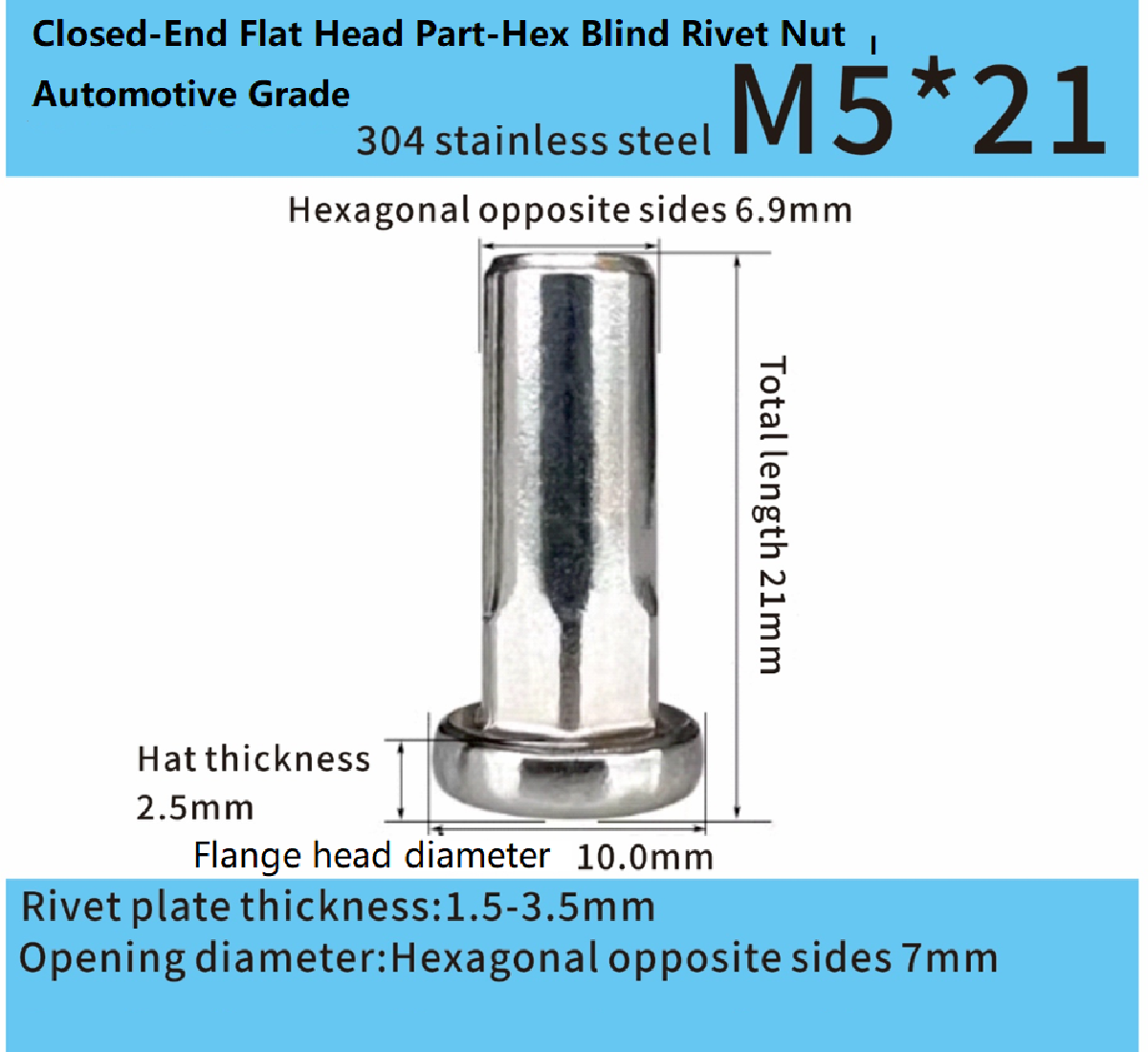 Stainless Steel M5x21mm Closed-End Flat Head Part-Hex Blind Rivet Nut – Automotive Grade Stainless Steel M5x21mm Closed-End Flat Head Part-Hex Blind Rivet Nut – Automotive Grade