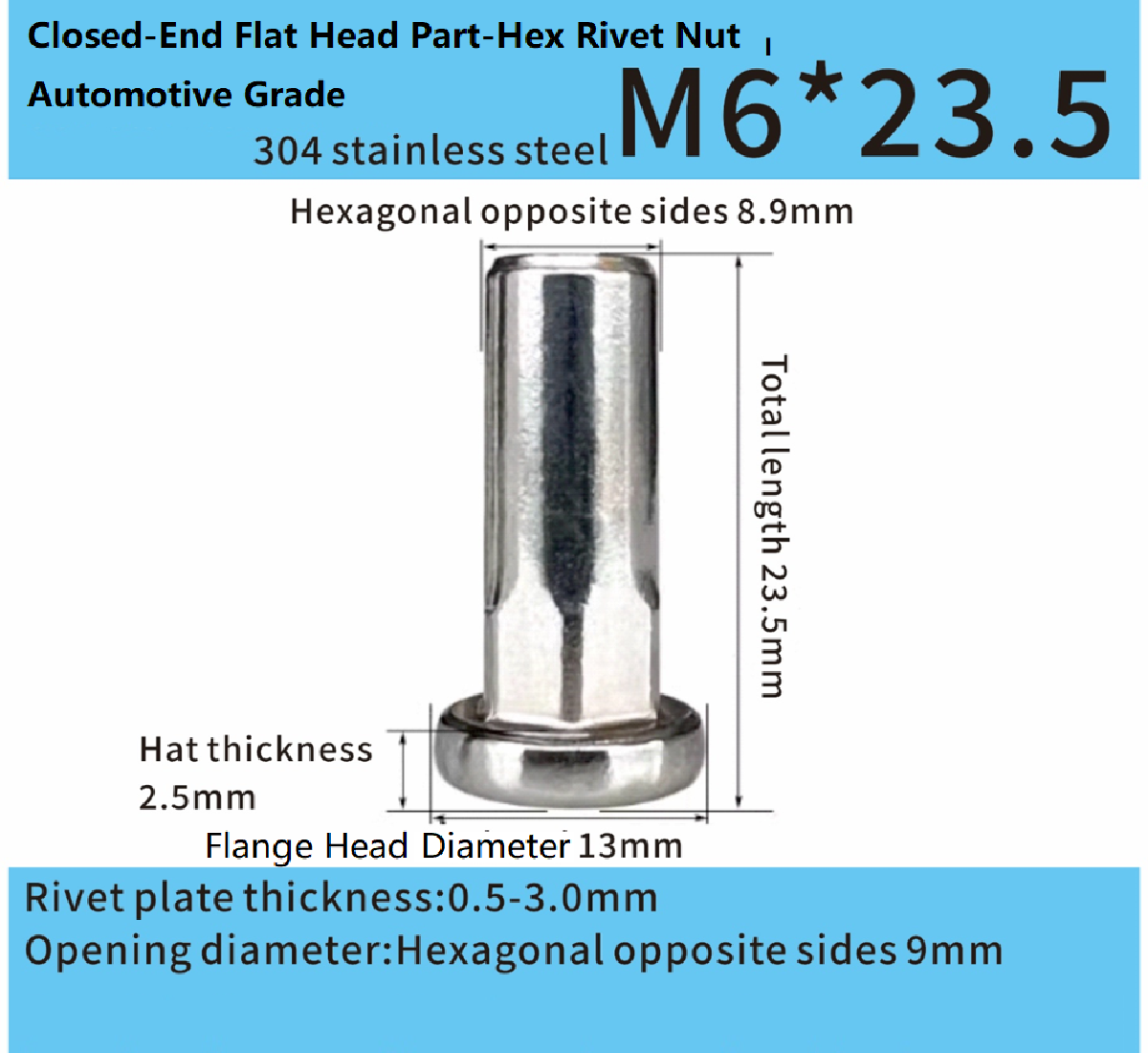 Stainless Steel M6x23.5mm Closed-End Flat Head Part-Hex Rivet Nut – Automotive Grade Stainless Steel M6x23.5mm Closed-End Flat Head Part-Hex Rivet Nut – Automotive Grade