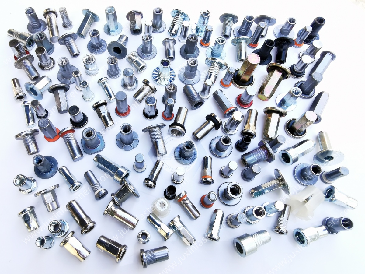 Electrical cabinets with component mounting plates secured by rivet nuts
