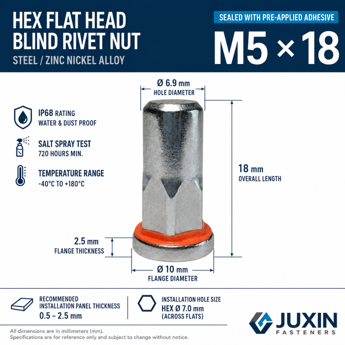 Adhesive-Sealed Flat Head Half-Hex Blind Rivet Nut M5 x 18 – Automotive Grade Adhesive-Sealed Flat Head Half-Hex Blind Rivet Nut M5 x 18 – Automotive Grade