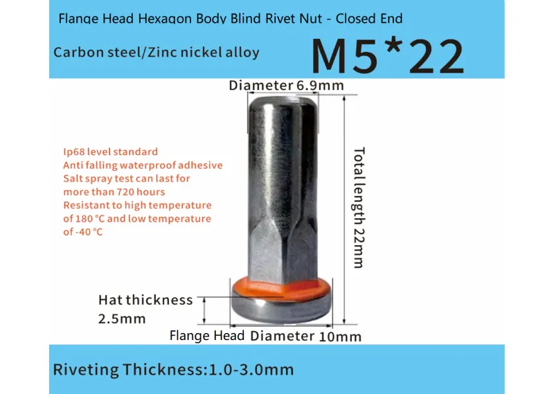 Adhesive-Sealed Flat Head Part-Hex Blind Rivet Nut – Automotive Grade  M5 x 22mm