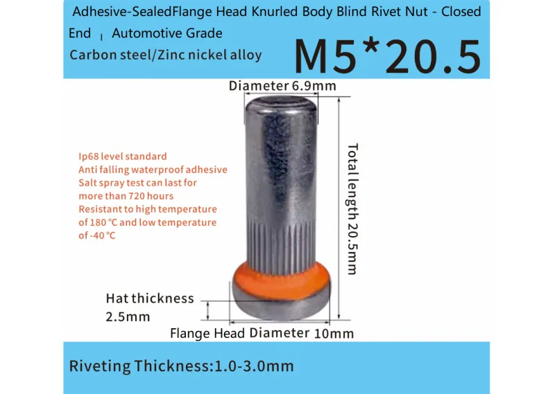 Adhesive-SealedFlange Head Knurled Body Blind Rivet Nut M5 x 20.5mm - Closed End – Automotive Grade