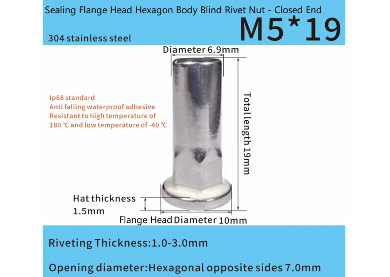 Adhesive-Sealed Flat Head Part-Hex Blind Rivet Nut M5 x 19mm – Automotive Grade