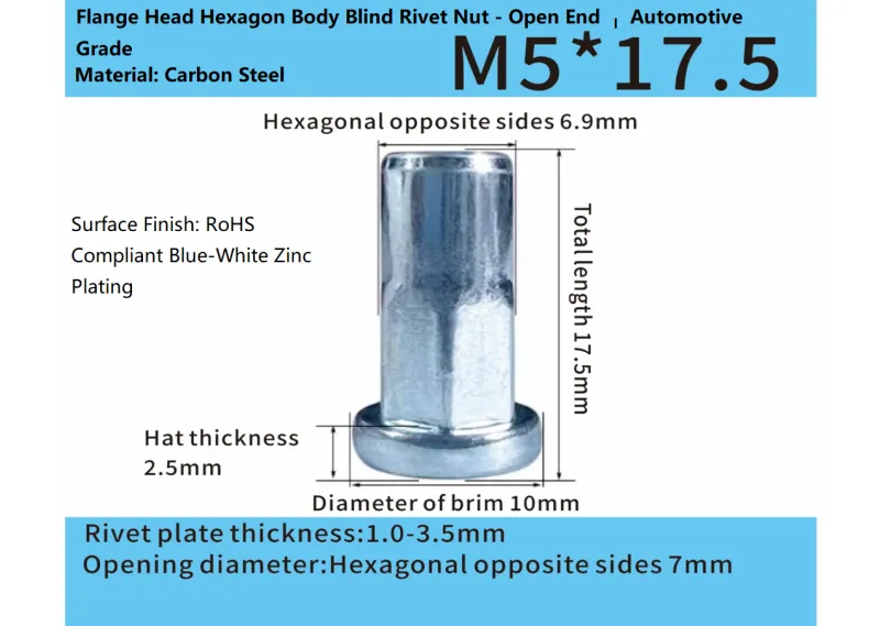 Flange Head Hexagon Body Blind Rivet Nut - Open End