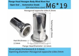 Stainless Steel M6x 19 Open-End Flat Head Part-Hex Rivet Nut – Automotive Grade