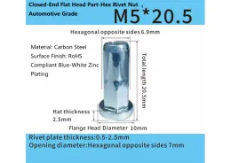 Close-End Flat Head Part-Hex Rivet Nut – Automotive Grade