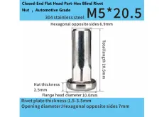 Stainless Steel M5x20.5mm  Closed-End Flat Head Part-Hex Blind Rivet Nut – Automotive Grade