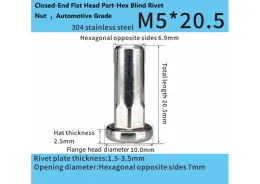 Stainless Steel M5x20.5mm  Closed-End Flat Head Part-Hex Blind Rivet Nut – Automotive Grade
