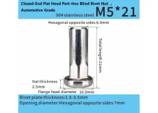 Stainless Steel M5x21mm  Closed-End Flat Head Part-Hex Blind Rivet Nut – Automotive Grade