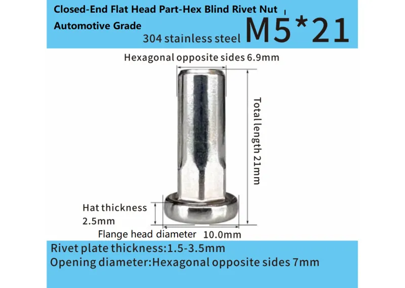 Stainless Steel M5x21mm  Closed-End Flat Head Part-Hex Blind Rivet Nut – Automotive Grade