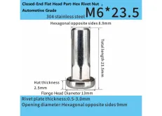 Stainless Steel M6x23.5mm  Closed-End Flat Head Part-Hex Rivet Nut – Automotive Grade
