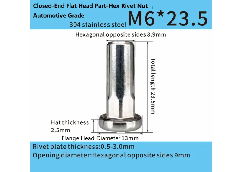 Stainless Steel M6x23.5mm  Closed-End Flat Head Part-Hex Rivet Nut – Automotive Grade